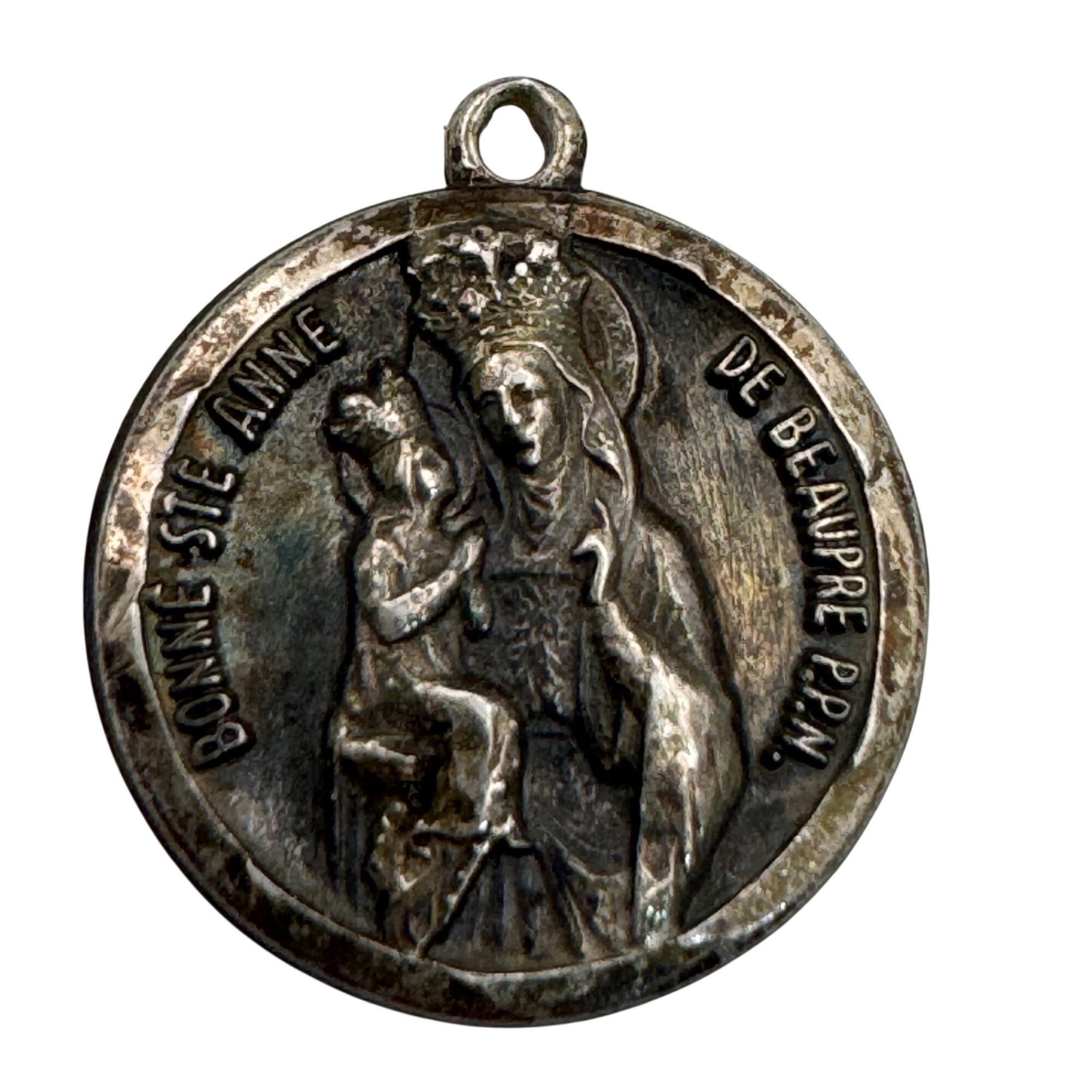 St Anne Ann De Beaupre French Silver Relic Religious Medal Pendant France Vtg