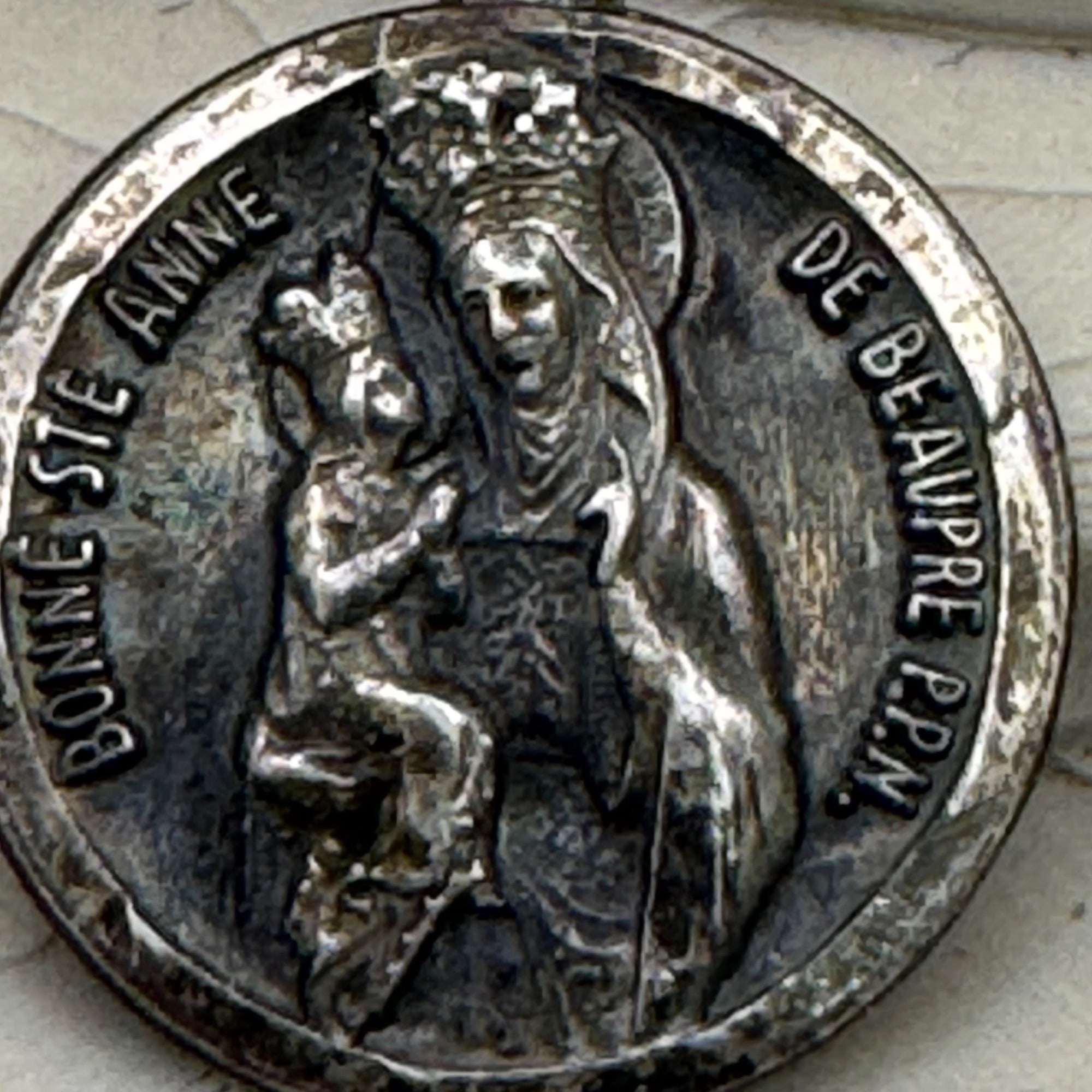 St Anne Ann De Beaupre French Silver Relic Religious Medal Pendant France Vtg