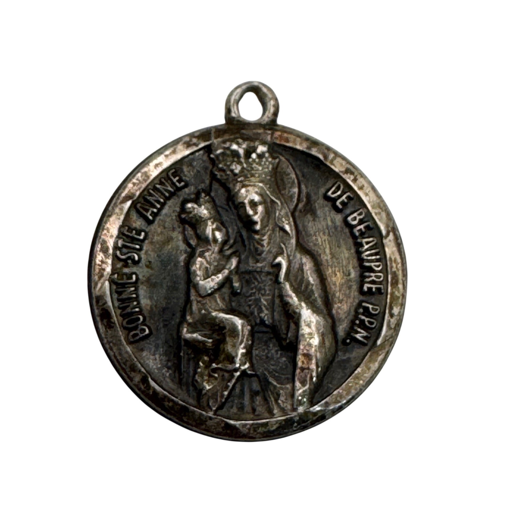 St Anne Ann De Beaupre French Silver Relic Religious Medal Pendant France Vtg