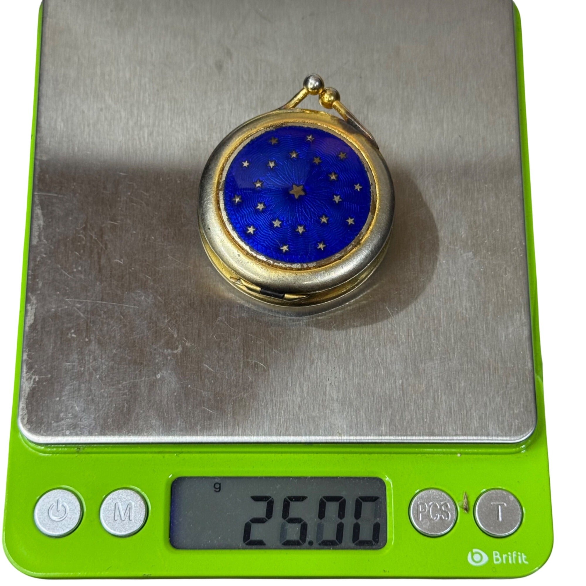 Vintage Nettie Rosenstein Blue Enameled Pill Box Compact Blue & Gold Star 1.5"