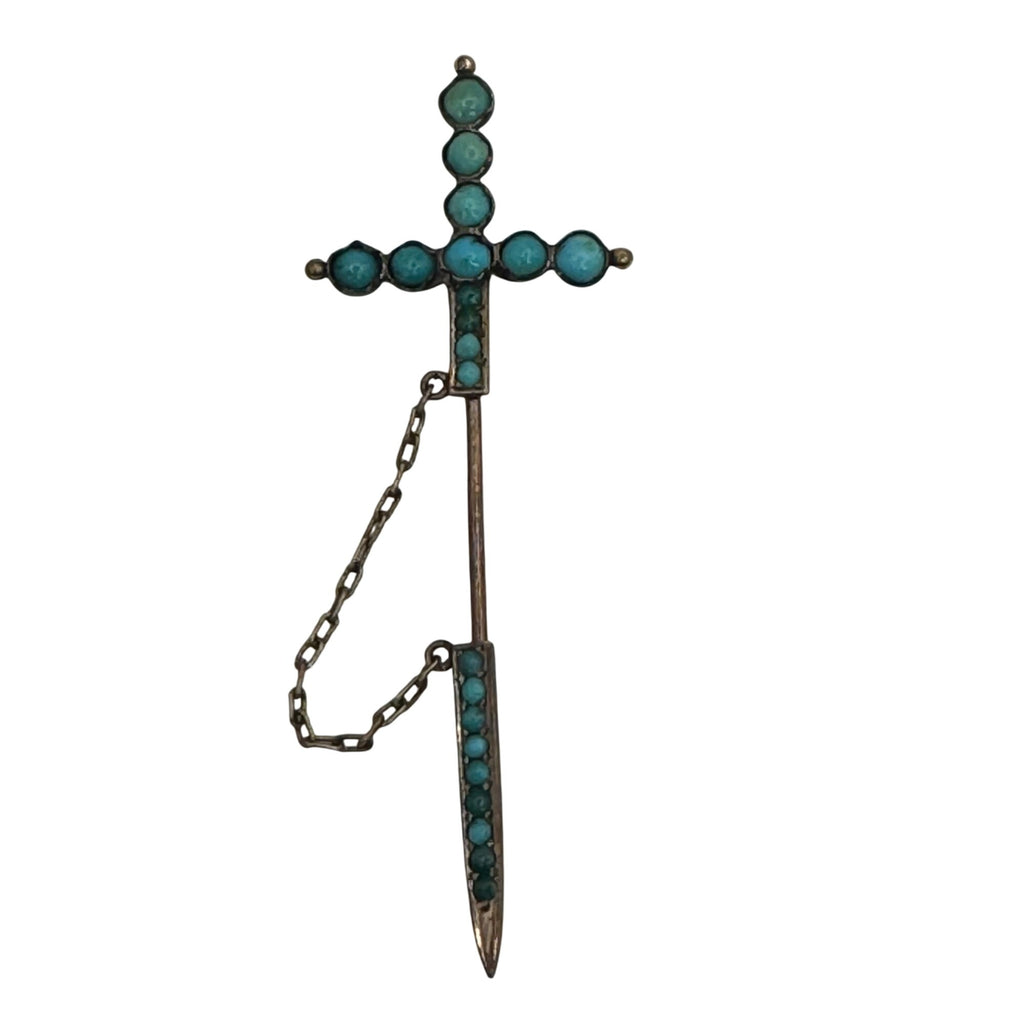 Antique Sword Motif Jabot Stick Pin w Tiny Turquoise Cabochons Sterling Brooch
