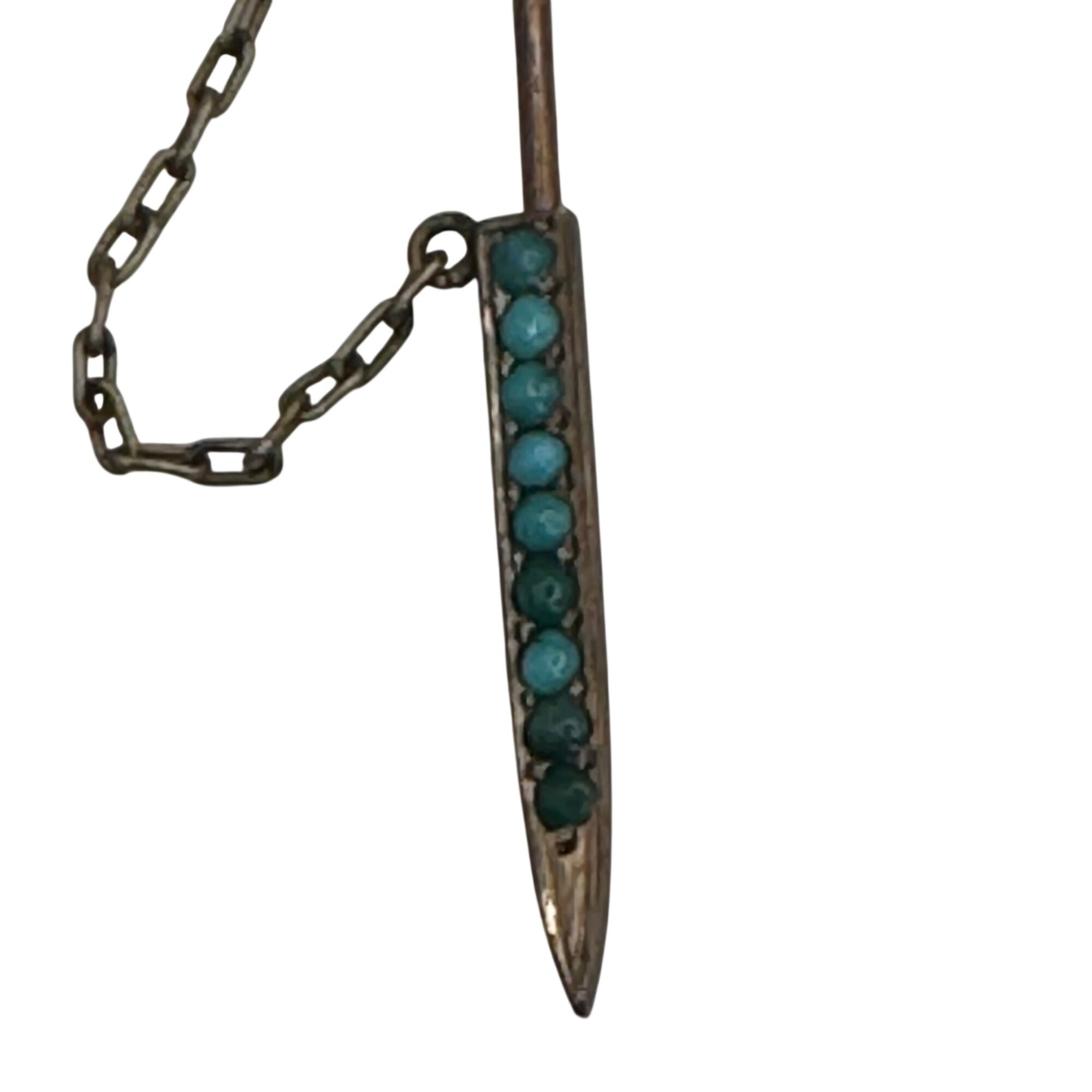Antique Sword Motif Jabot Stick Pin w Tiny Turquoise Cabochons Sterling Brooch