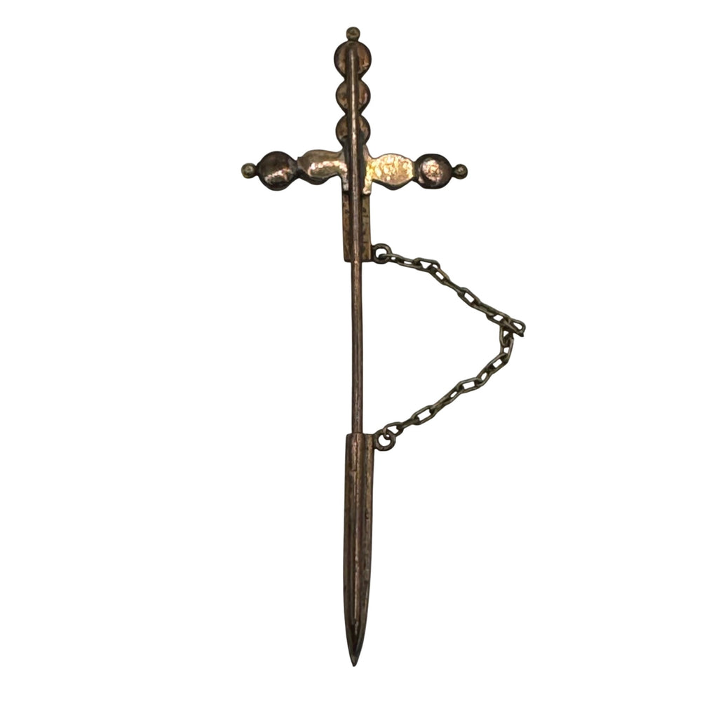 Antique Sword Motif Jabot Stick Pin w Tiny Turquoise Cabochons Sterling Brooch
