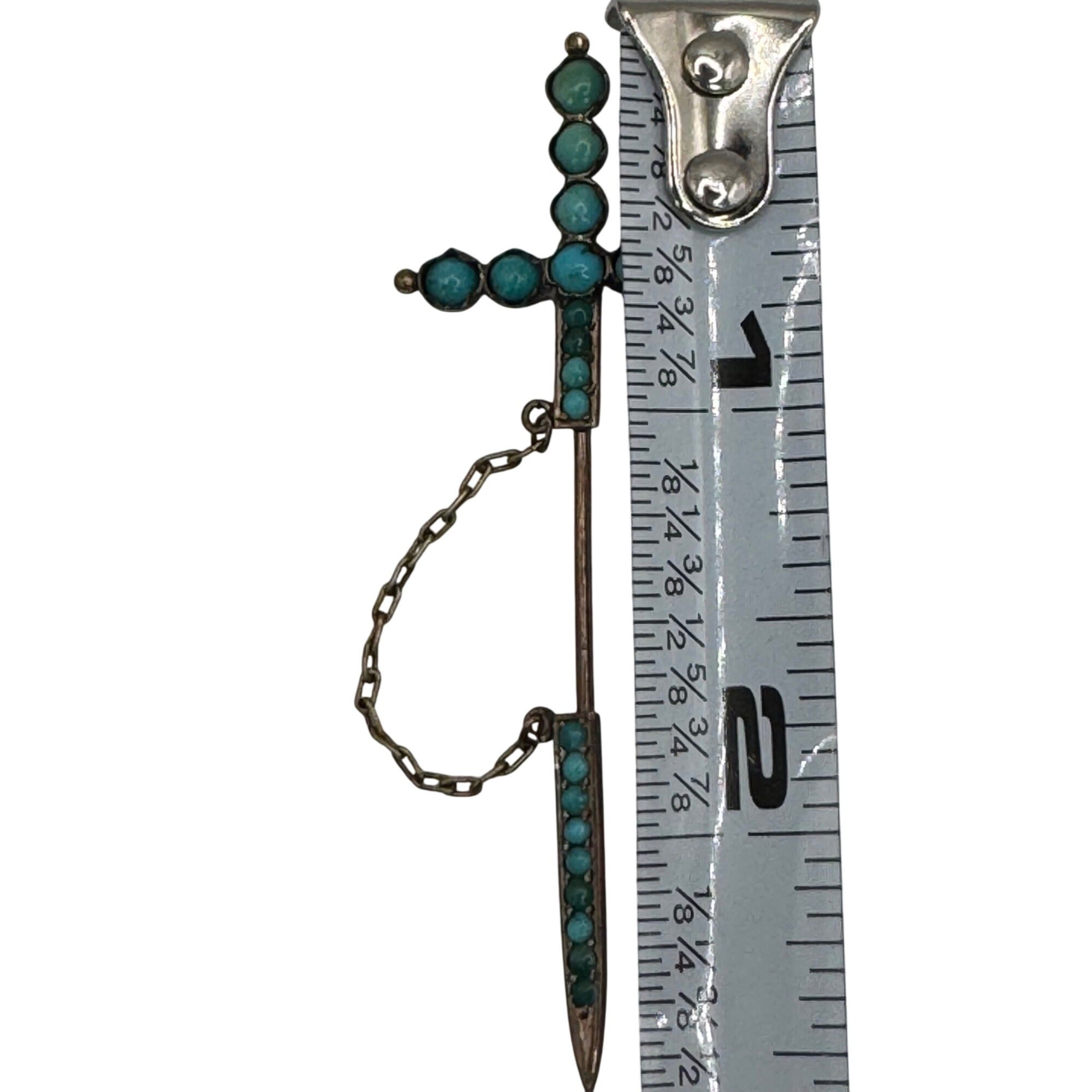 Antique Sword Motif Jabot Stick Pin w Tiny Turquoise Cabochons Sterling Brooch