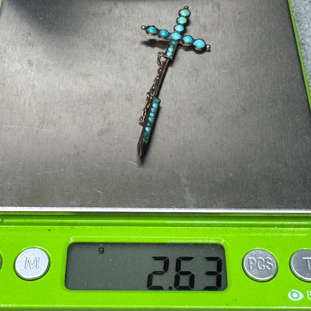 Antique Sword Motif Jabot Stick Pin w Tiny Turquoise Cabochons Sterling Brooch