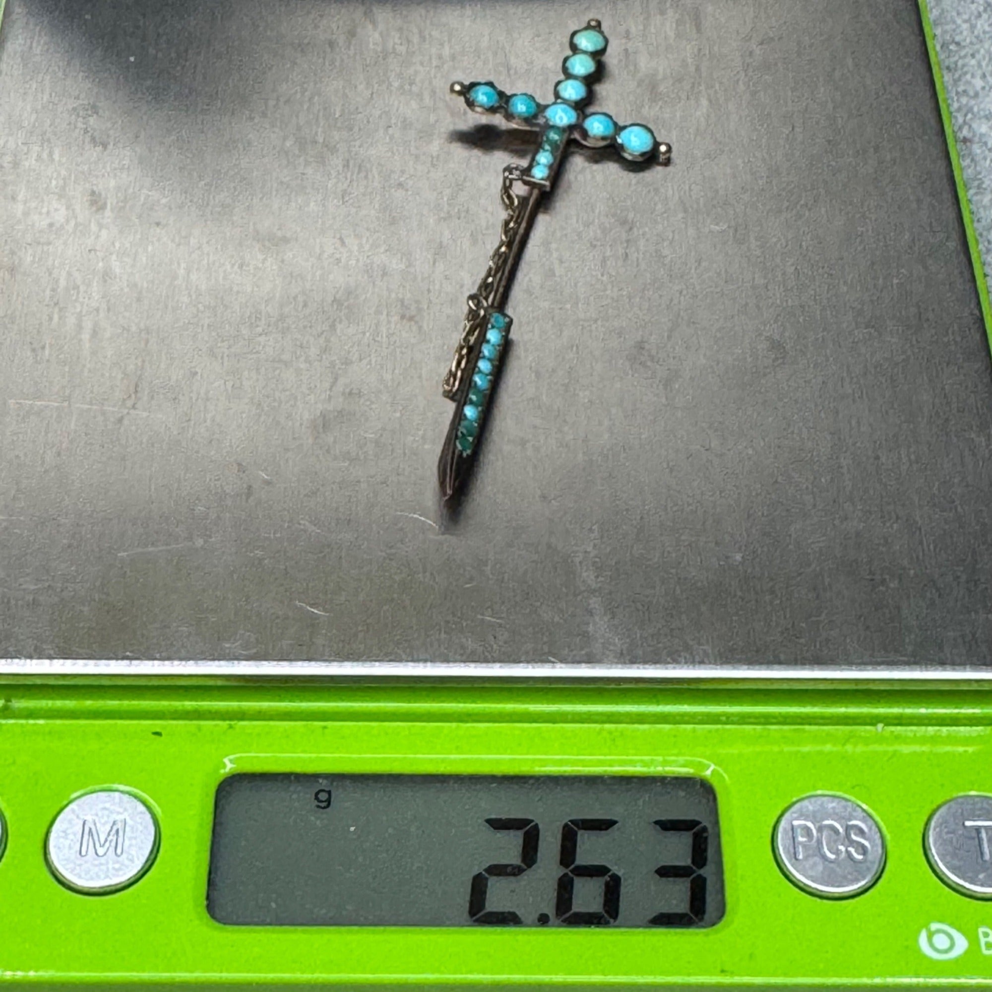 Antique Sword Motif Jabot Stick Pin w Tiny Turquoise Cabochons Sterling Brooch