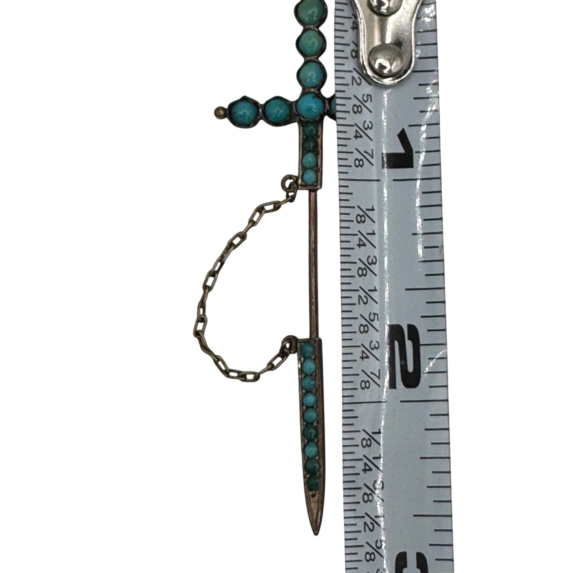Antique Sword Motif Jabot Stick Pin w Tiny Turquoise Cabochons Sterling Brooch