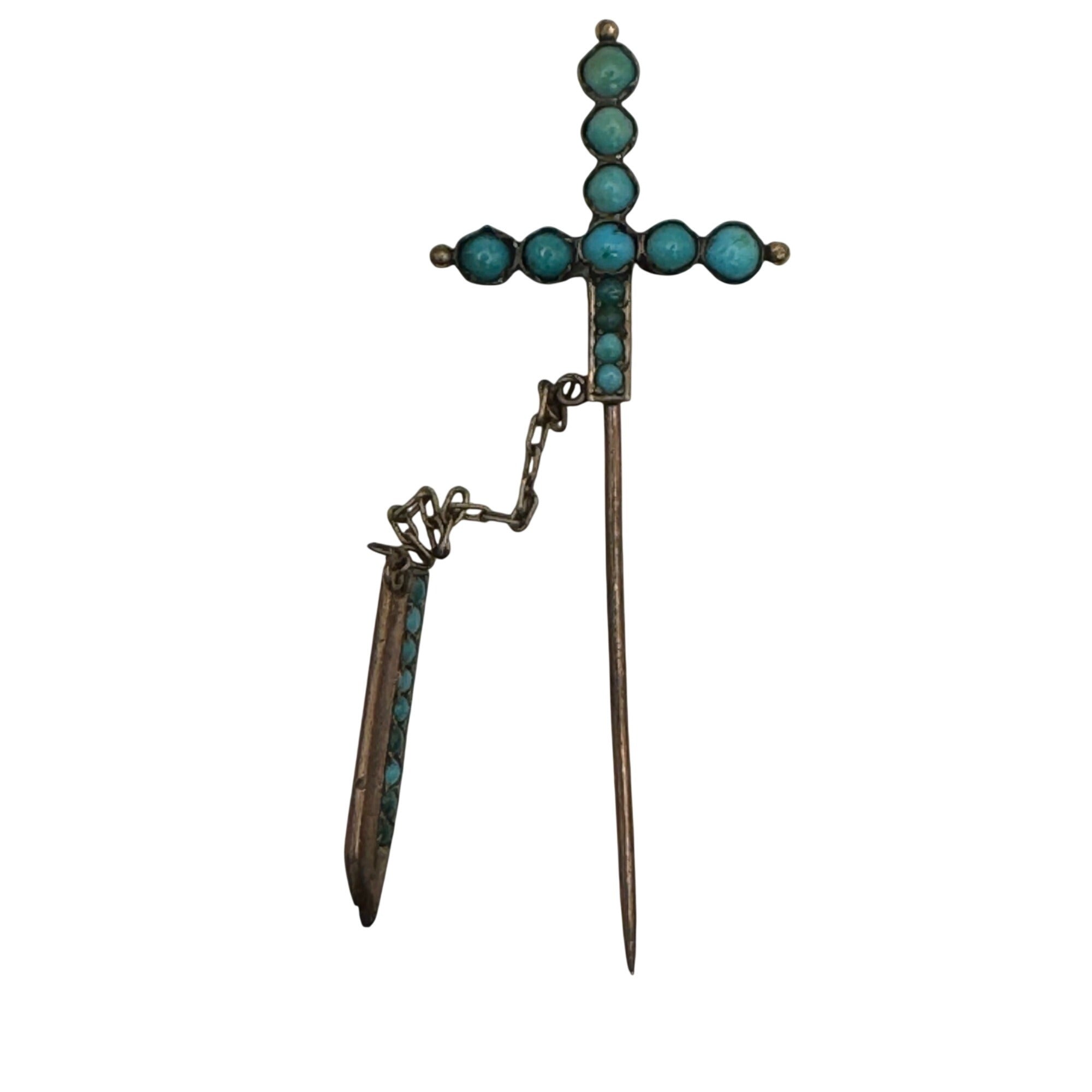Antique Sword Motif Jabot Stick Pin w Tiny Turquoise Cabochons Sterling Brooch