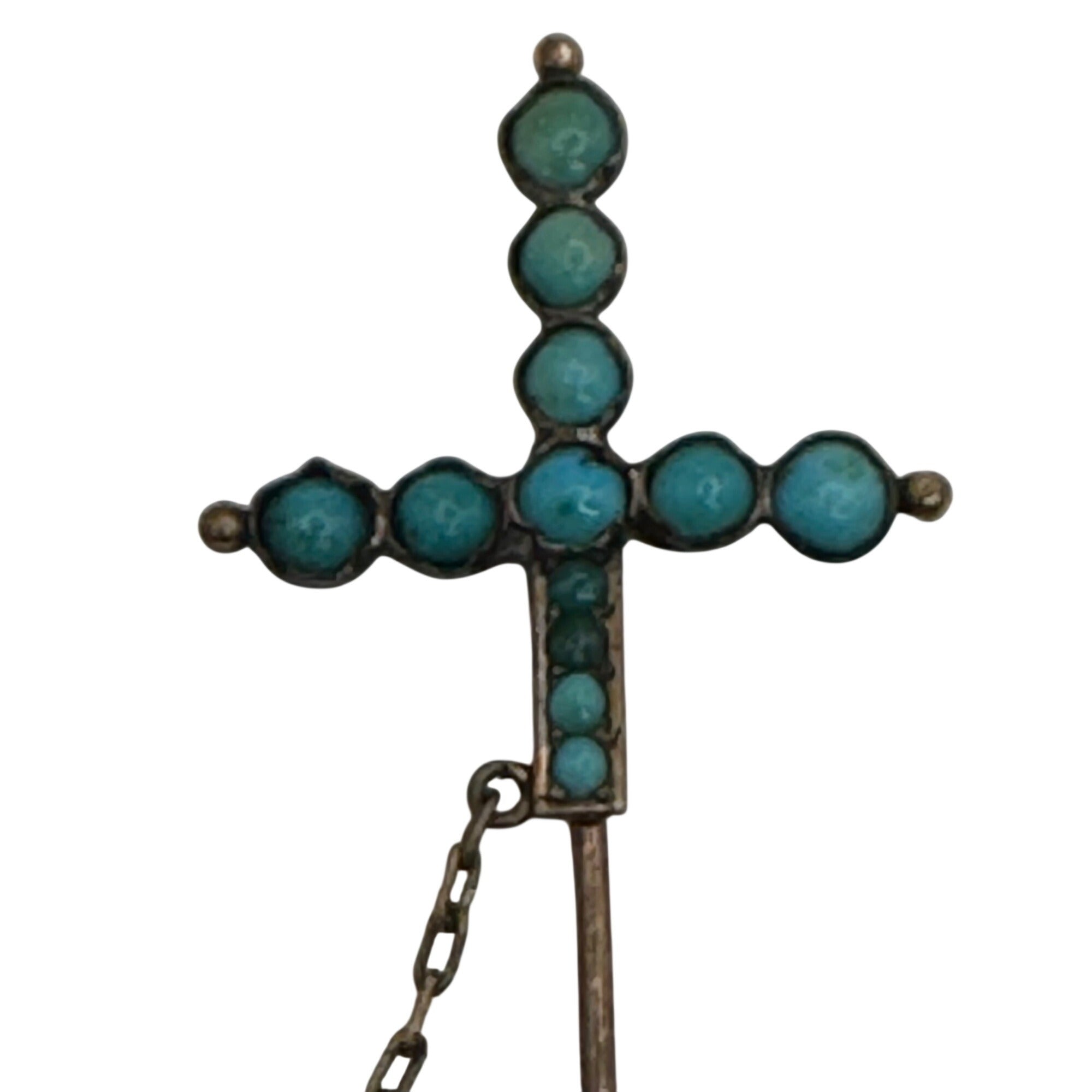 Antique Sword Motif Jabot Stick Pin w Tiny Turquoise Cabochons Sterling Brooch