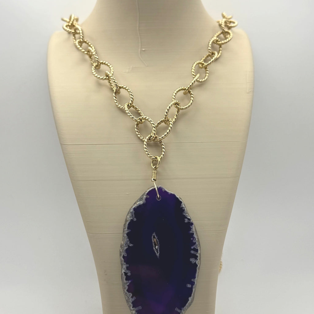 Bellezza Italy Purple Geode Slice Gold-Tone Chain Necklace Agate Pendant 32"