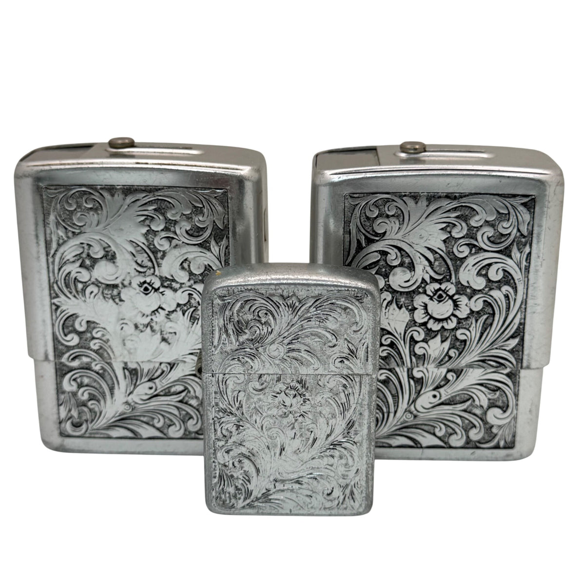 Park Industries Set Cigarette Cases Lighter Lot Engraved Vtg Silver Metal Floral