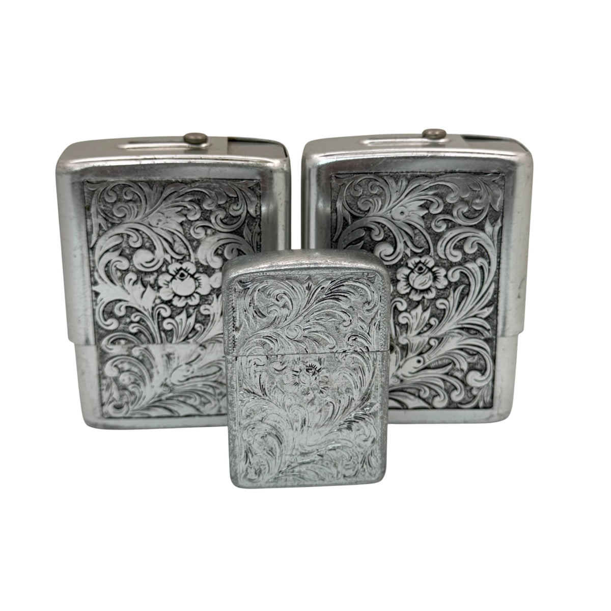 Park Industries Set Cigarette Cases Lighter Lot Engraved Vtg Silver Metal Floral