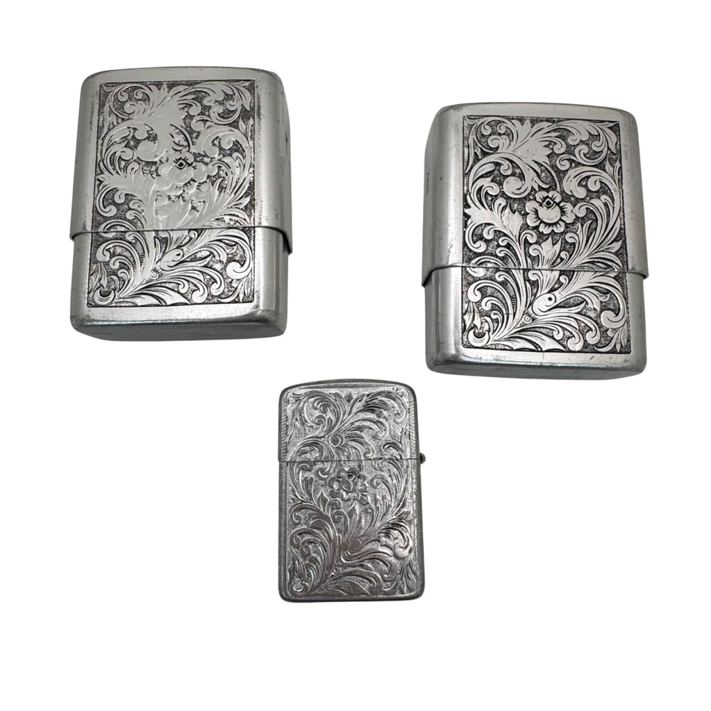 Park Industries Set Cigarette Cases Lighter Lot Engraved Vtg Silver Metal Floral