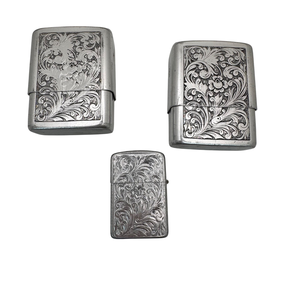 Park Industries Set Cigarette Cases Lighter Lot Engraved Vtg Silver Metal Floral