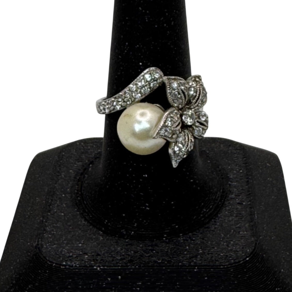 Vintage South Seas Floral Pearl & Rhinestone Silver-Tone Ring Size 8 Elegant
