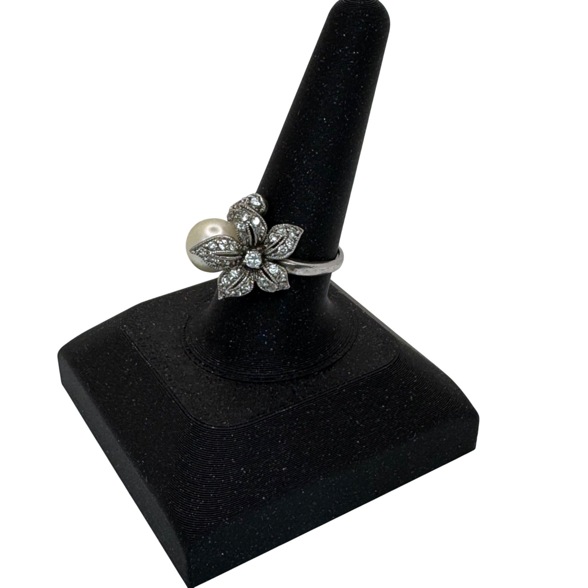 Vintage South Seas Floral Pearl & Rhinestone Silver-Tone Ring Size 8 Elegant