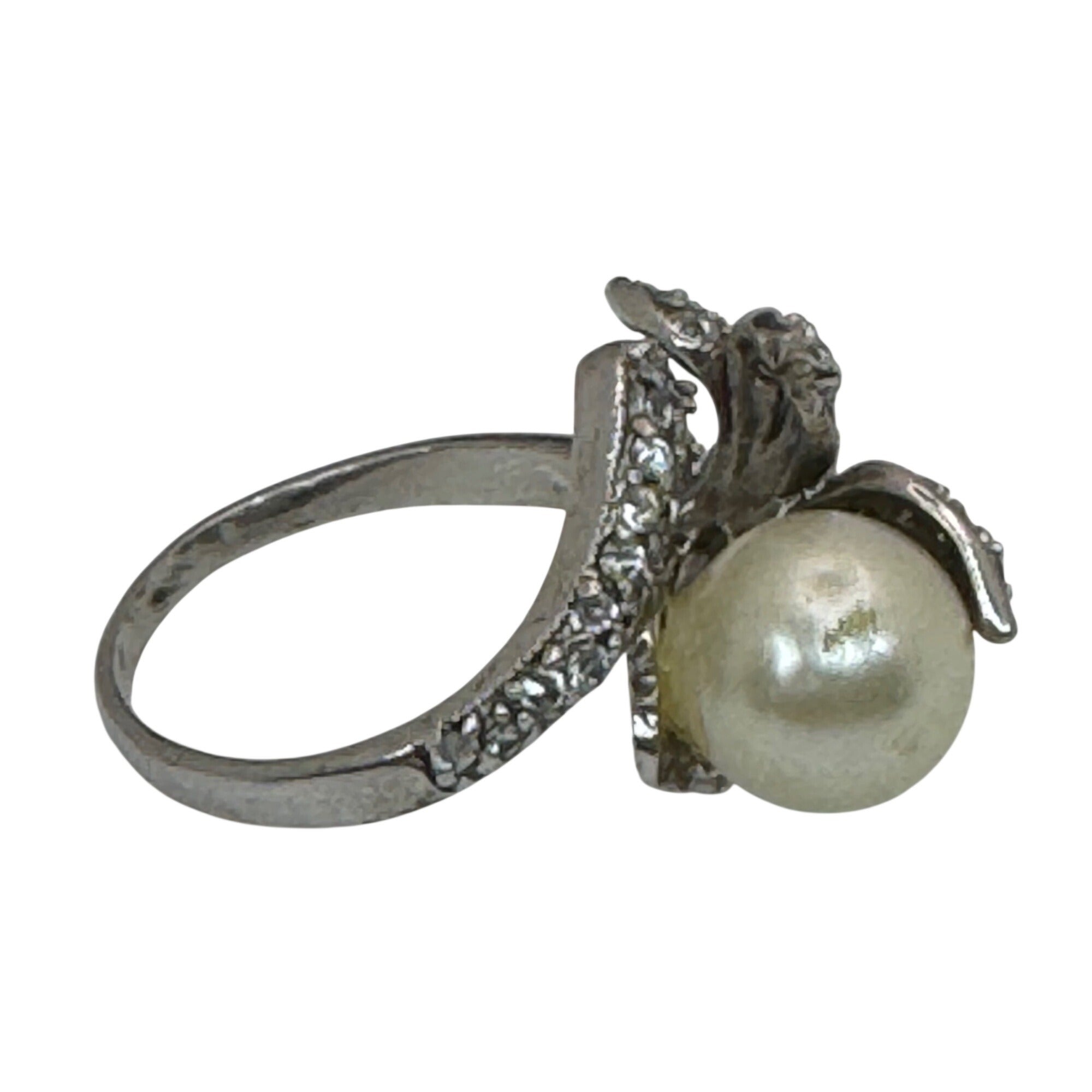 Vintage South Seas Floral Pearl & Rhinestone Silver-Tone Ring Size 8 Elegant